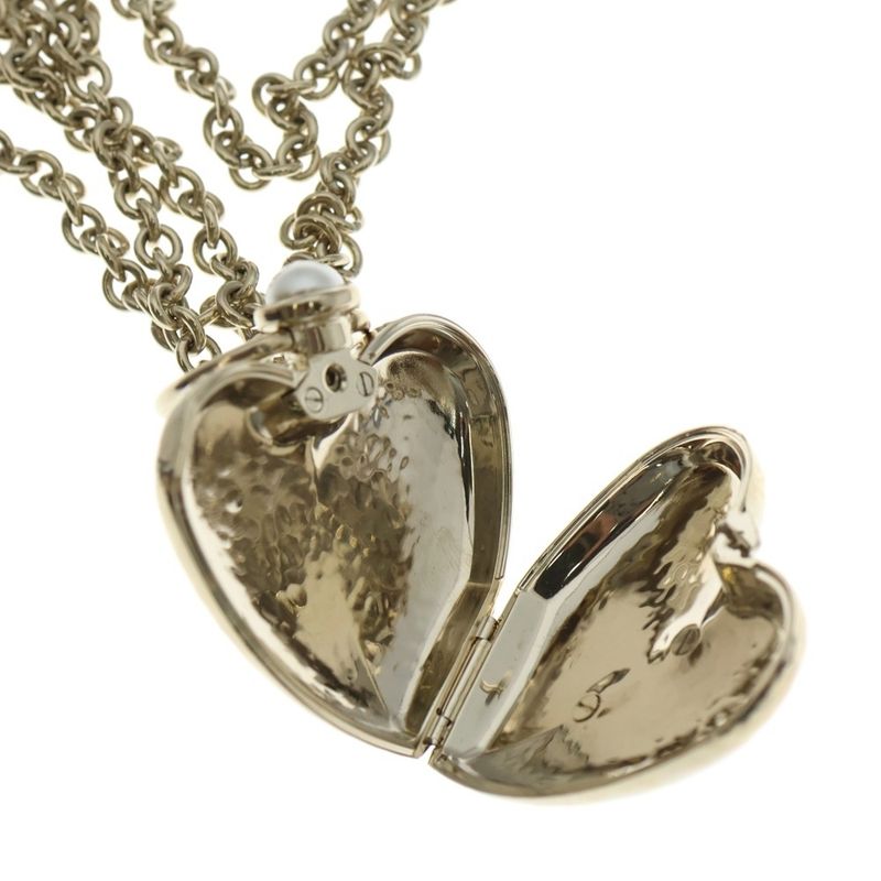 Chanel Fake Pearl Heart Locket Pendant Gold Women's