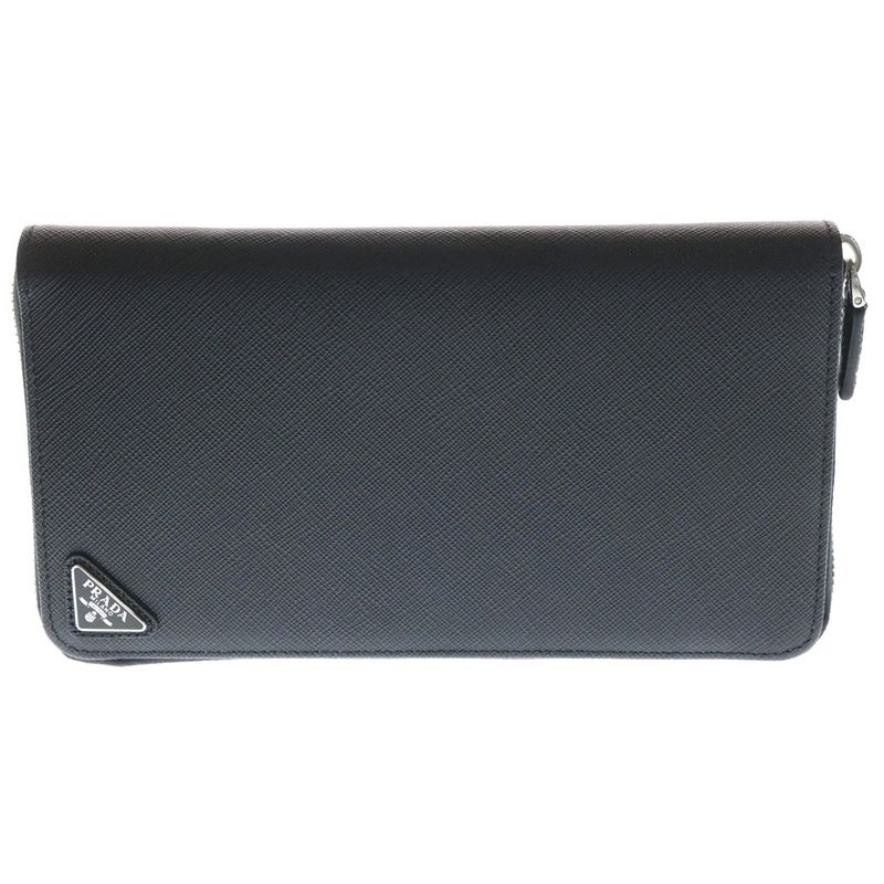 Prada Saffiano Triangle Zip Around Long Wallet Long Wallet Black Leather