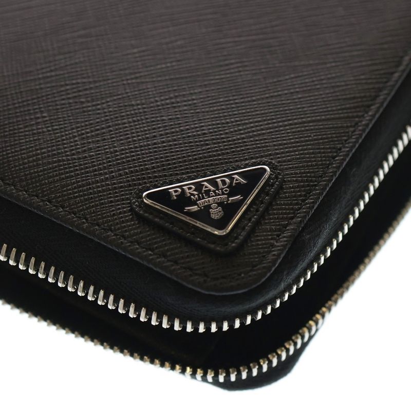 Prada Saffiano Triangle Zip Around Long Wallet Long Wallet Black Leather