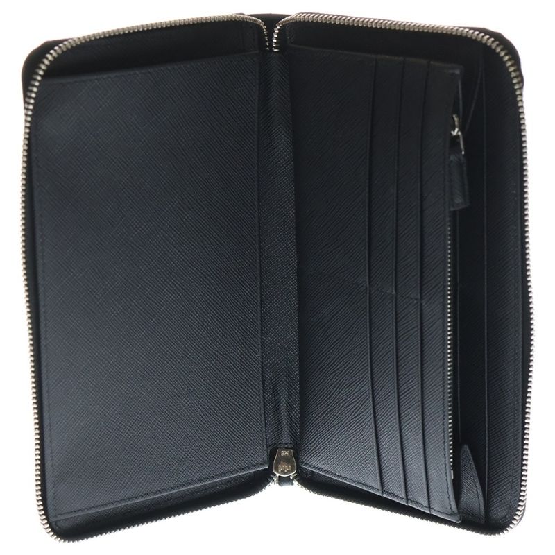 Prada Saffiano Triangle Zip Around Long Wallet Long Wallet Black Leather