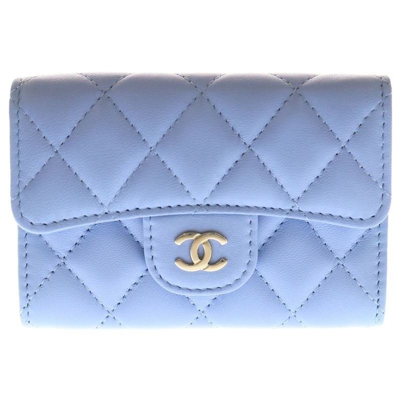 Chanel Matelasse Classic Flap Card Case Light Blue Lambskin Silver Hardware