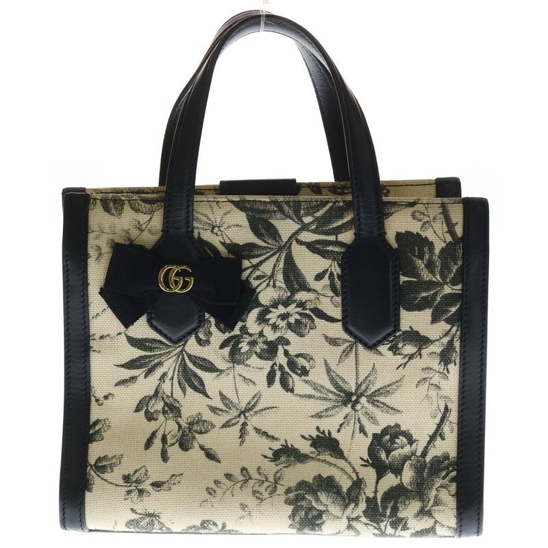 Gucci GG Ribbon Handbag Mini Tote Bag Black X Ivory Leather X Canvas 443089