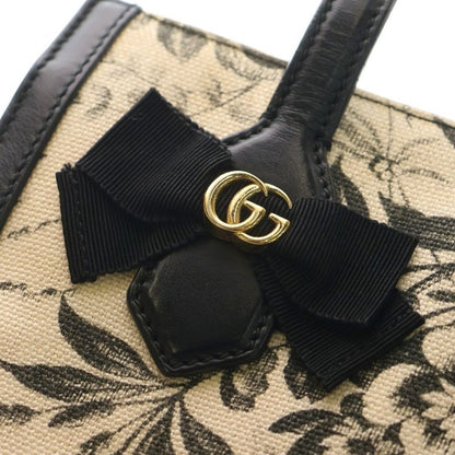 Gucci GG Ribbon Handbag Mini Tote Bag Black X Ivory Leather X Canvas 443089