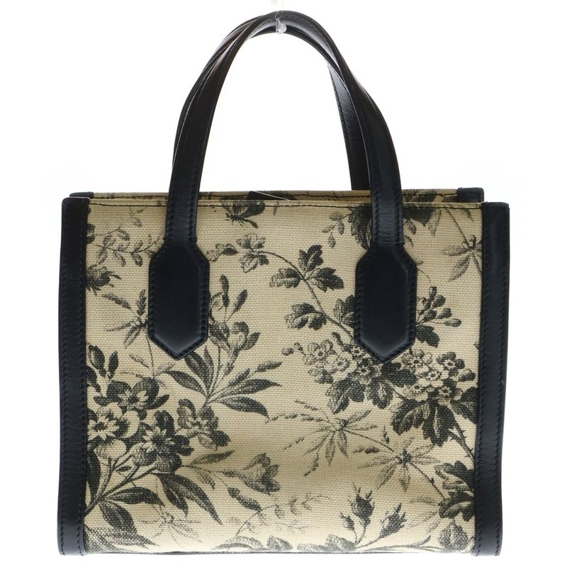 Gucci GG Ribbon Handbag Mini Tote Bag Black X Ivory Leather X Canvas 443089