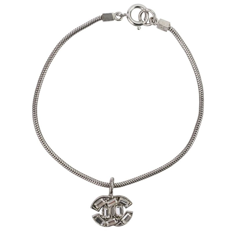 01P CHANEL Rhinestone Coco Mark Bracelet Silver Color Ladies Used USED