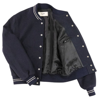 CELINE Eddie Period Embroidered Teddy Blouson Jacket 2V679896C Size 38 Navy