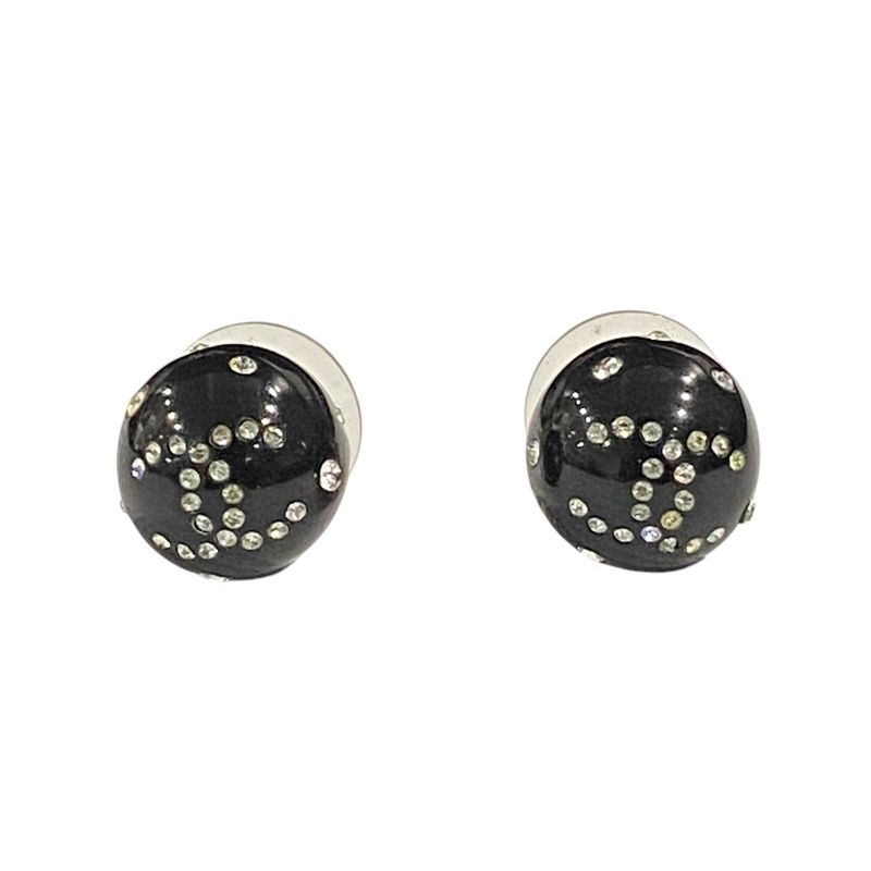 08A CHANEL Coco Mark Rhinestone Ball Stud Earrings Black Ladies Used USED