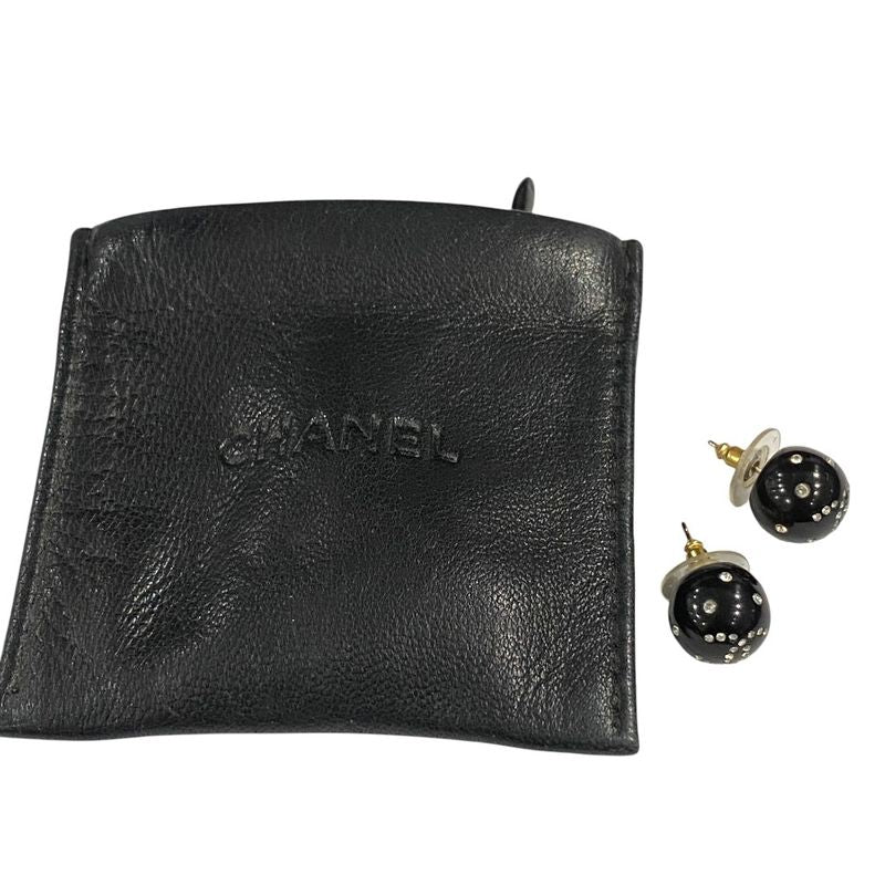 08A CHANEL Coco Mark Rhinestone Ball Stud Earrings Black Ladies Used USED