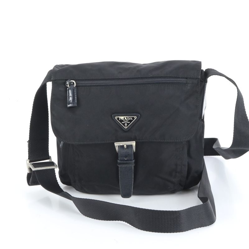 Prada Tessuto Nylon Triangle Logo Leather Shoulder Bag Crossbody Black Genuine