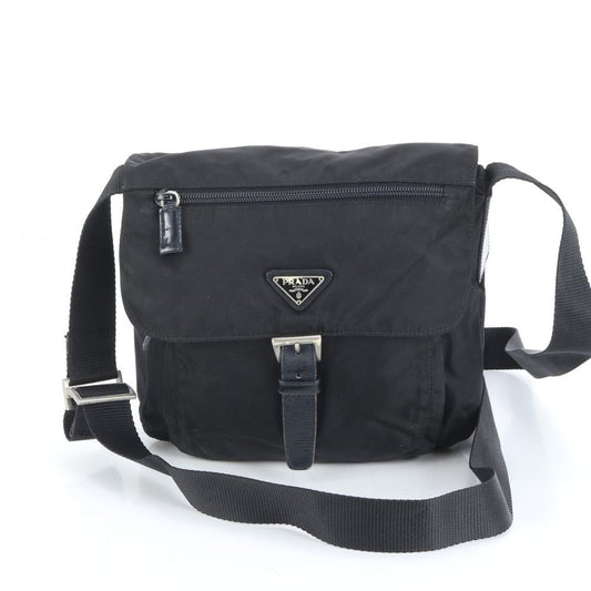 Prada Tessuto Nylon Triangle Logo Leather Shoulder Bag Crossbody Black Genuine