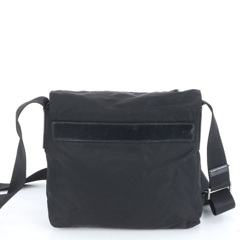 Prada Tessuto Nylon Triangle Logo Leather Shoulder Bag Crossbody Black Genuine