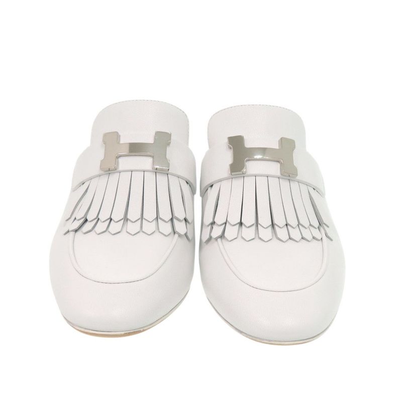 Unused Hermes Tuileries Mules 191096z Fringe Leather White 1119 Hermes