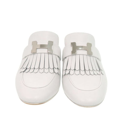 Unused Hermes Tuileries Mules 191096z Fringe Leather White 1119 Hermes