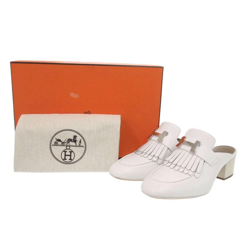 Unused Hermes Tuileries Mules 191096z Fringe Leather White 1119 Hermes