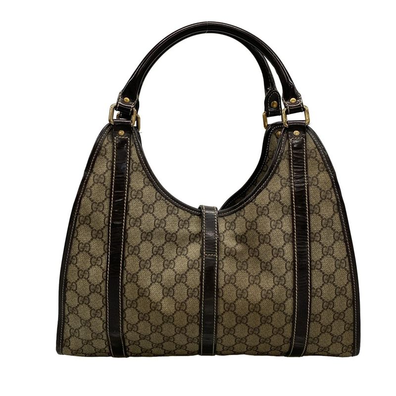 Gucci Tote Bag GG Supreme 203494 Beige X Dark Brown Leather