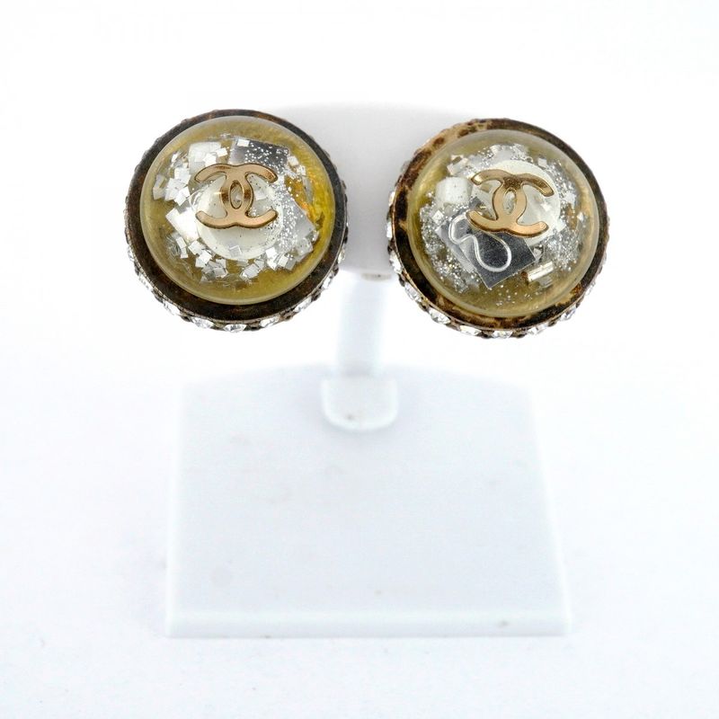 Chanel Earrings Coco Mark Round Shape Circle GP Plating Plastic Rhinestone Gold