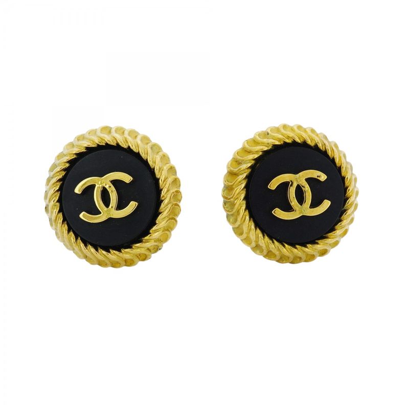 Chanel Earring Vintage Coco Mark Round Shape Circle GP Plated Gold Black Cles