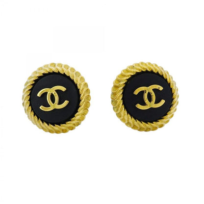 Chanel Earring Vintage Coco Mark Round Shape Circle GP Plated Gold Black Cles