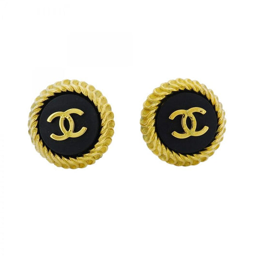 Chanel Earring Vintage Coco Mark Round Shape Circle GP Plated Gold Black Cles