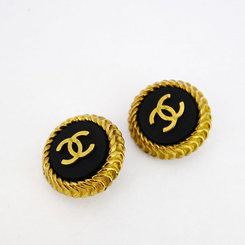 Chanel Earring Vintage Coco Mark Round Shape Circle GP Plated Gold Black Cles