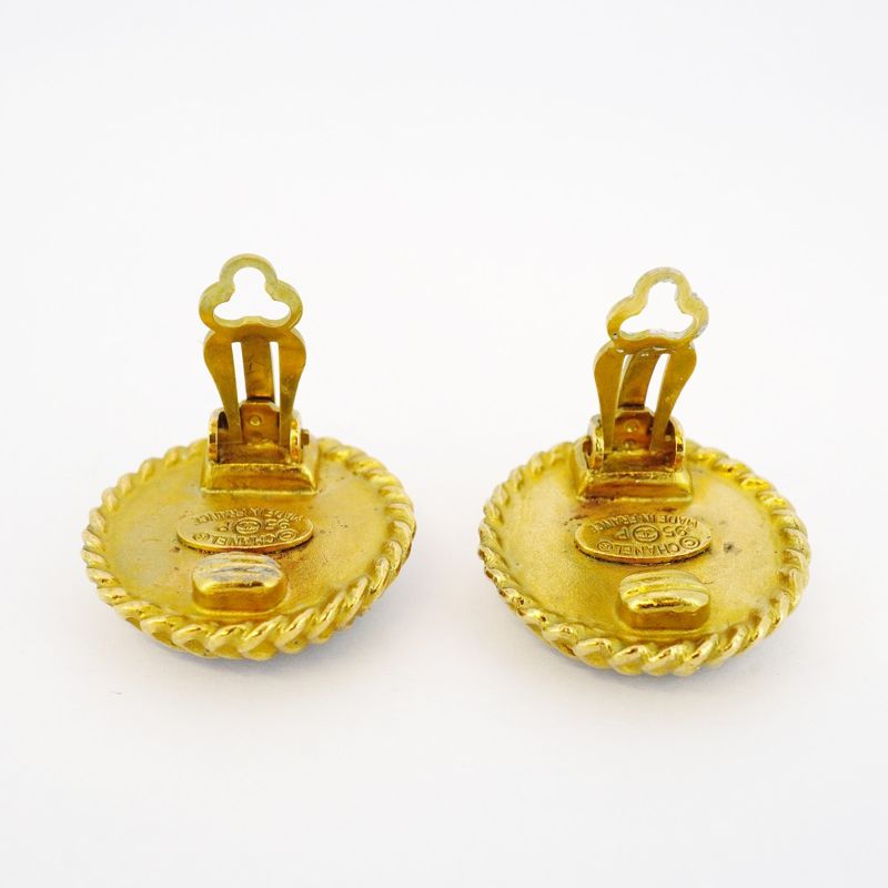 Chanel Earring Vintage Coco Mark Round Shape Circle GP Plated Gold Black Cles
