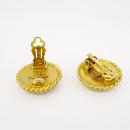 Chanel Earring Vintage Coco Mark Round Shape Circle GP Plated Gold Black Cles
