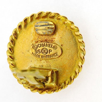 Chanel Earring Vintage Coco Mark Round Shape Circle GP Plated Gold Black Cles