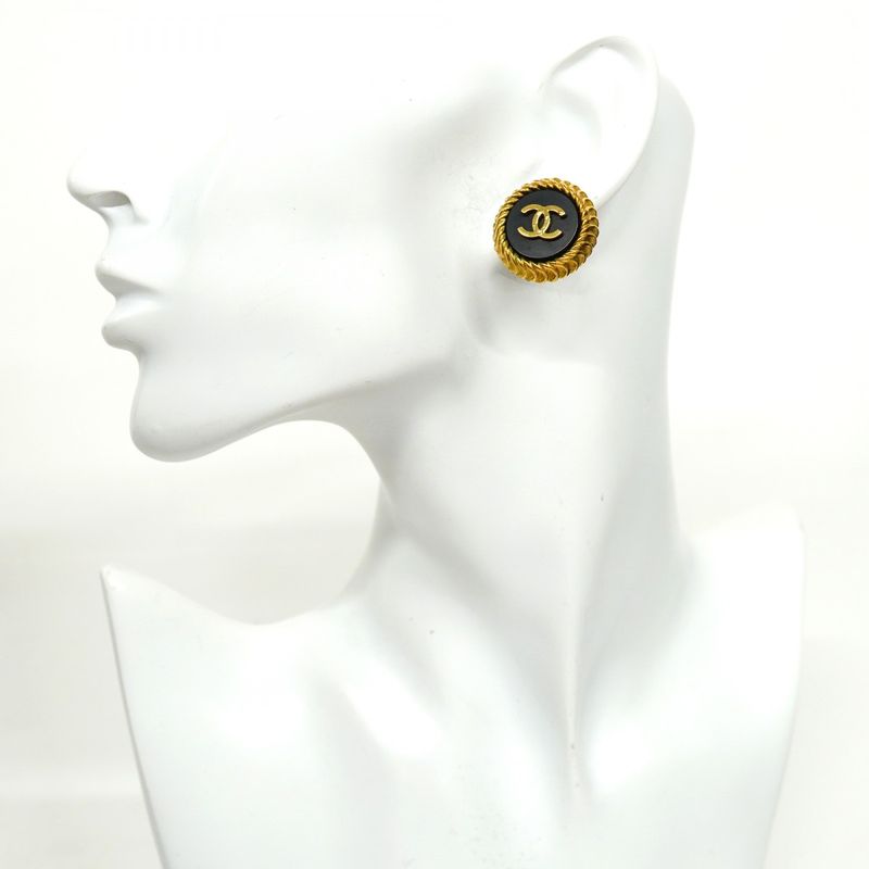 Chanel Earring Vintage Coco Mark Round Shape Circle GP Plated Gold Black Cles