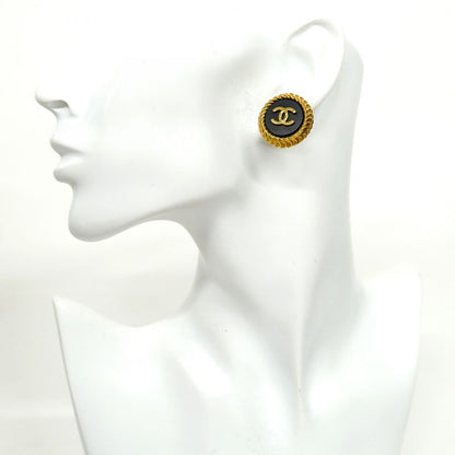 Chanel Earring Vintage Coco Mark Round Shape Circle GP Plated Gold Black Cles