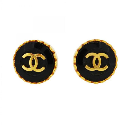 Chanel Earring Vintage Coco Mark Round Shape Circle GP Plated Gold Black Cles