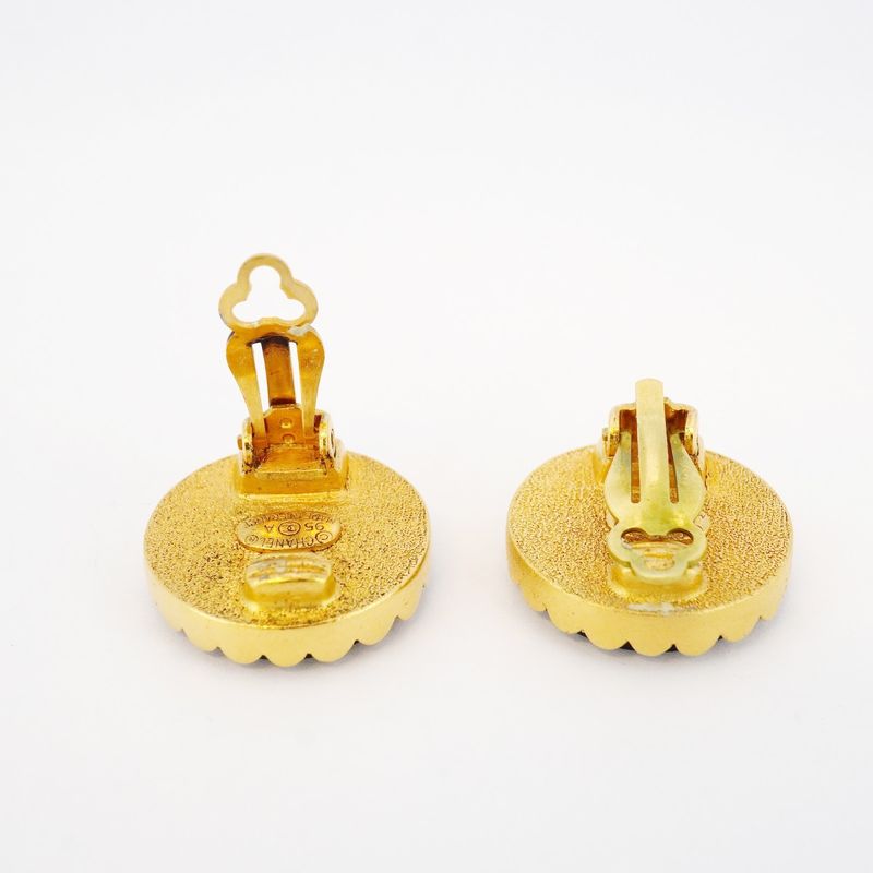 Chanel Earring Vintage Coco Mark Round Shape Circle GP Plated Gold Black Cles