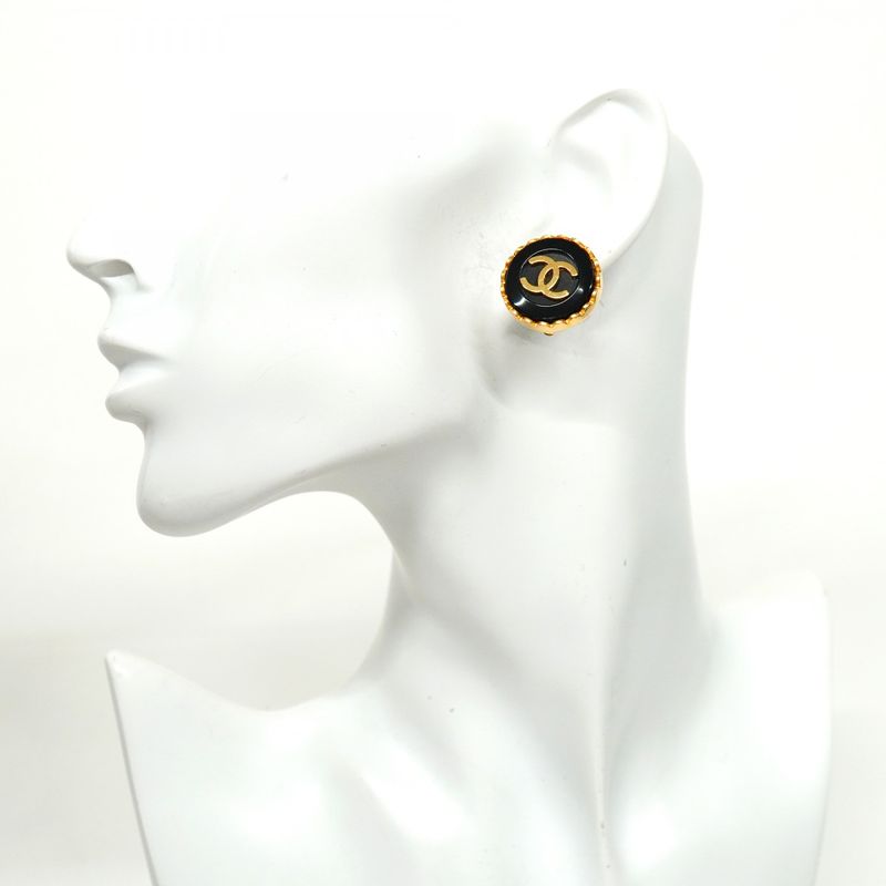 Chanel Earring Vintage Coco Mark Round Shape Circle GP Plated Gold Black Cles