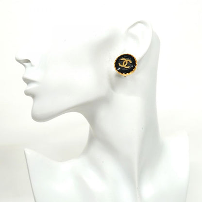 Chanel Earring Vintage Coco Mark Round Shape Circle GP Plated Gold Black Cles