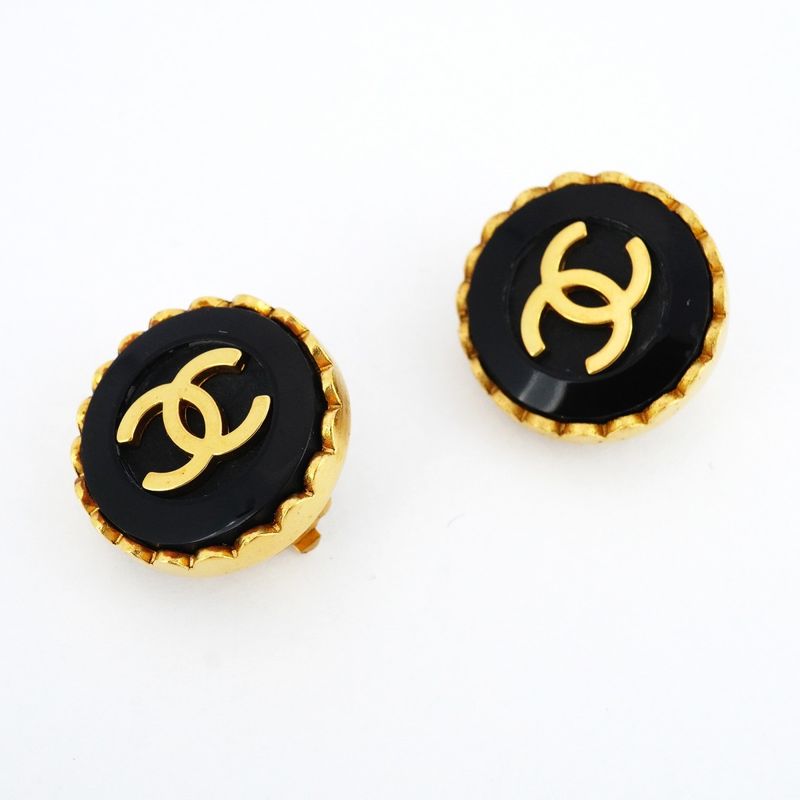 Chanel Earring Vintage Coco Mark Round Shape Circle GP Plated Gold Black Cles