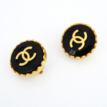 Chanel Earring Vintage Coco Mark Round Shape Circle GP Plated Gold Black Cles