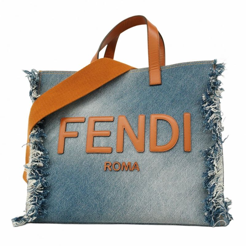 Fendi Tote Bag Denim Blue Light Brown Silver Hardware 2way Bag Ladies