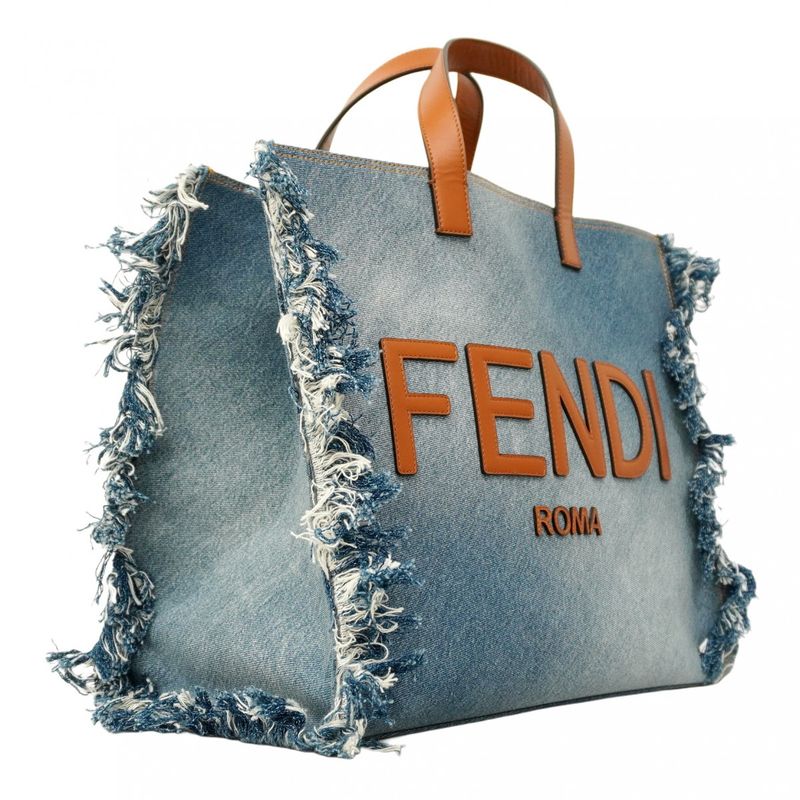 Fendi Tote Bag Denim Blue Light Brown Silver Hardware 2way Bag Ladies