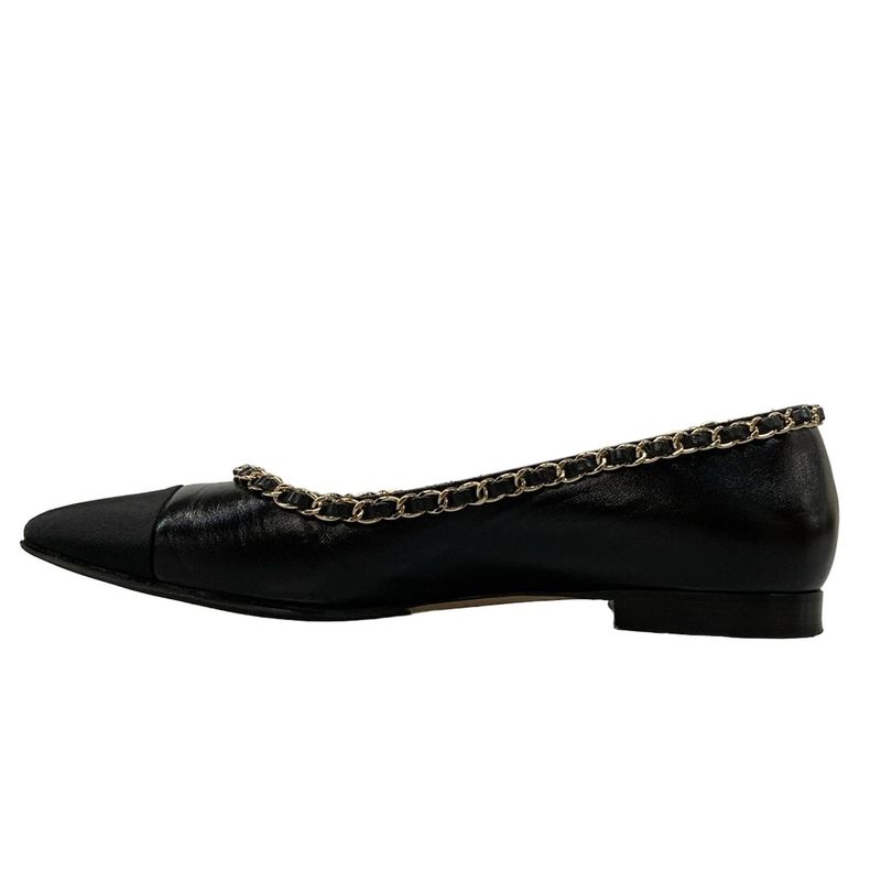 Chanel Flat Shoes 38 C Women's - G35389 Black X Gold Chain Outsole Reupholstered