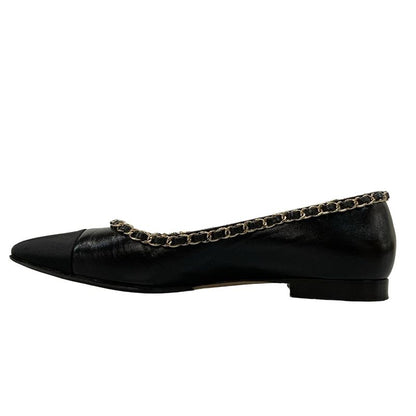 Chanel Flat Shoes 38 C Women's - G35389 Black X Gold Chain Outsole Reupholstered