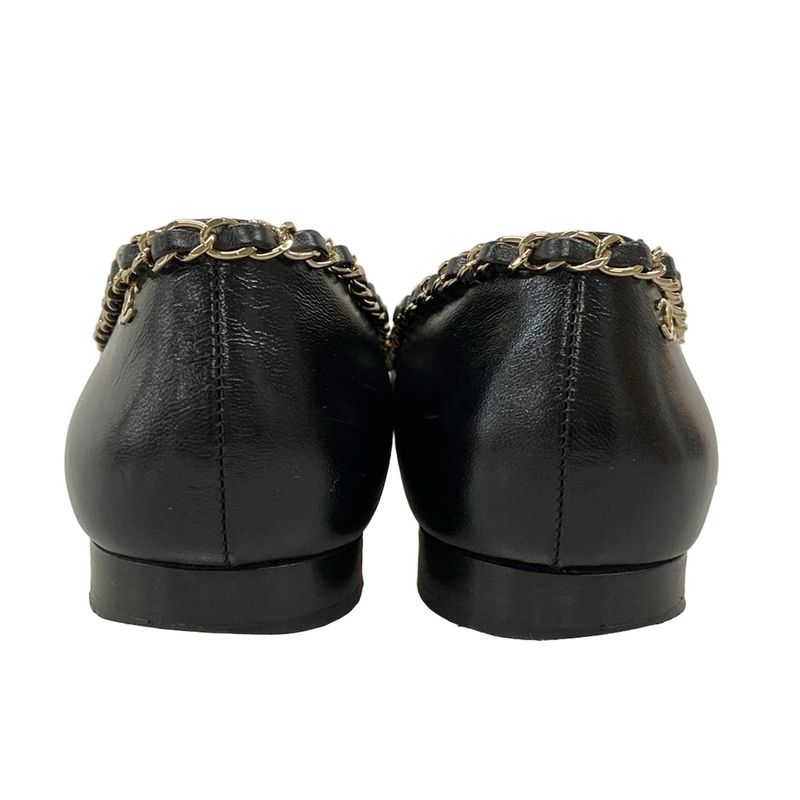 Chanel Flat Shoes 38 C Women's - G35389 Black X Gold Chain Outsole Reupholstered