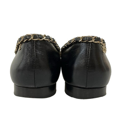Chanel Flat Shoes 38 C Women's - G35389 Black X Gold Chain Outsole Reupholstered