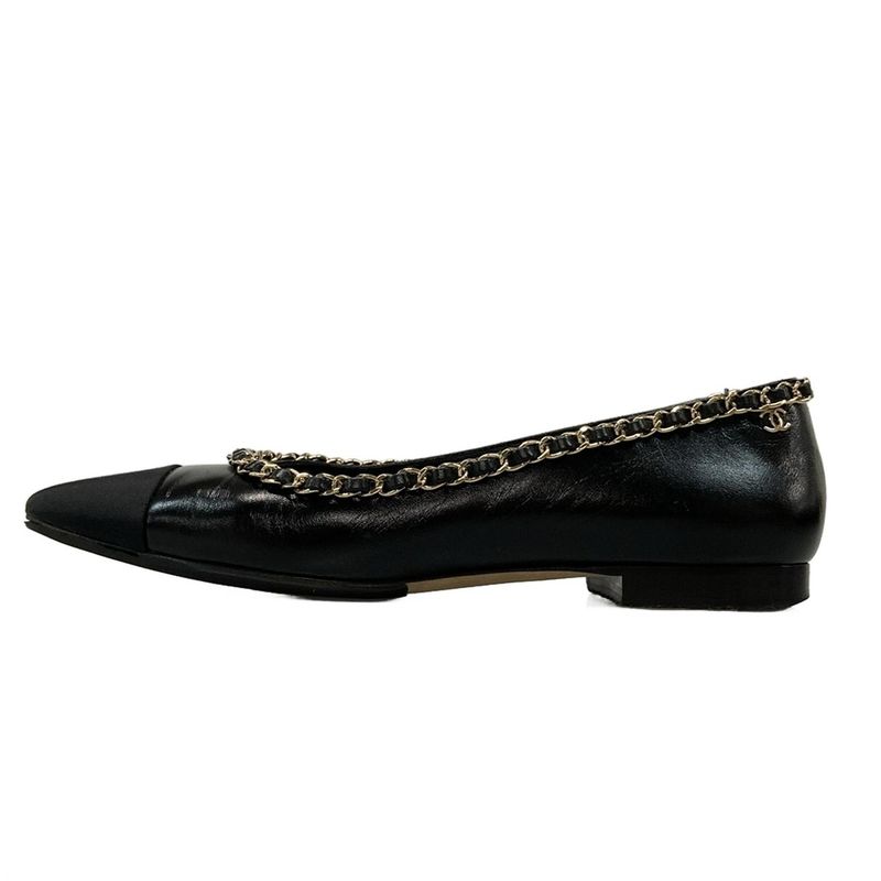 Chanel Flat Shoes 38 C Women's - G35389 Black X Gold Chain Outsole Reupholstered