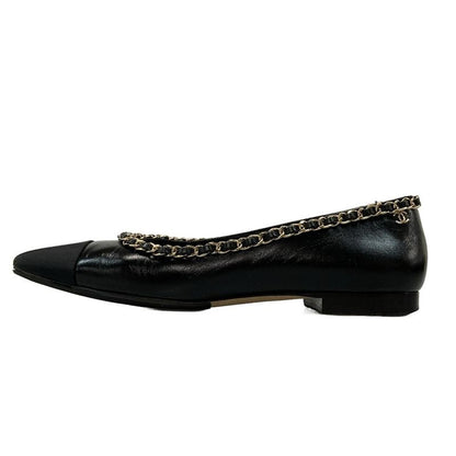 Chanel Flat Shoes 38 C Women's - G35389 Black X Gold Chain Outsole Reupholstered
