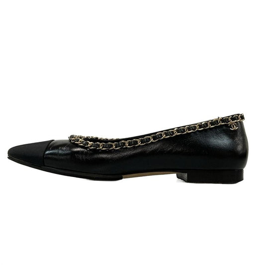 Chanel Flat Shoes 38 C Women's - G35389 Black X Gold Chain Outsole Reupholstered
