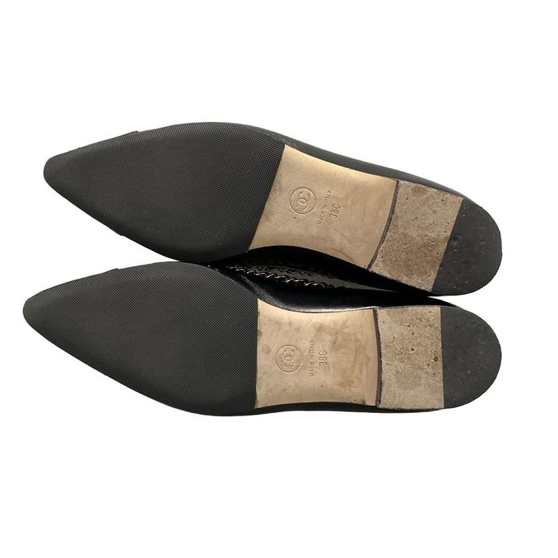 Chanel Flat Shoes 38 C Women's - G35389 Black X Gold Chain Outsole Reupholstered