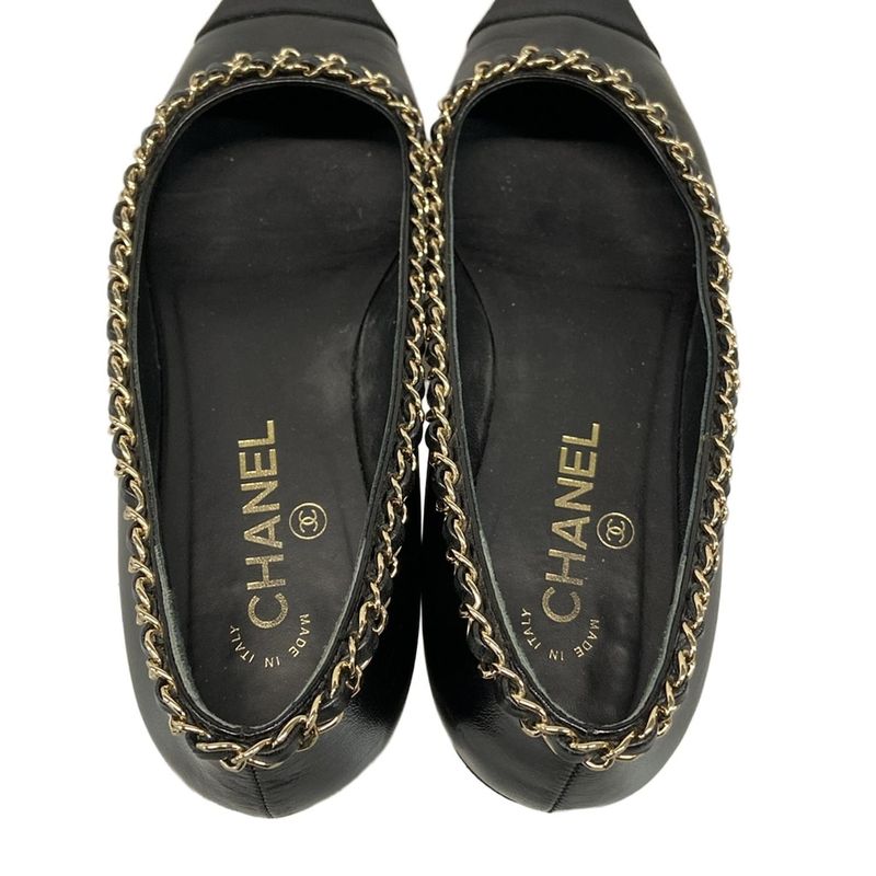 Chanel Flat Shoes 38 C Women's - G35389 Black X Gold Chain Outsole Reupholstered