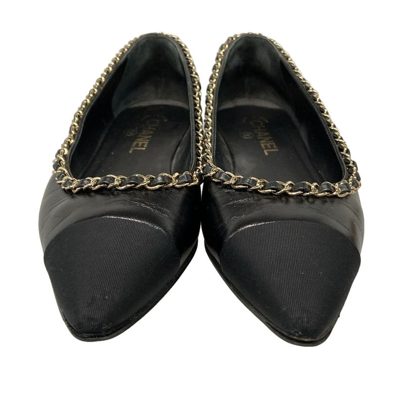 Chanel Flat Shoes 38 C Women's - G35389 Black X Gold Chain Outsole Reupholstered