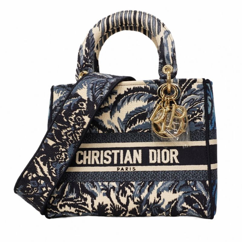 Christian Dior Handbag Lady D Light Canvas Blue White Chien Pan Gold Hardware