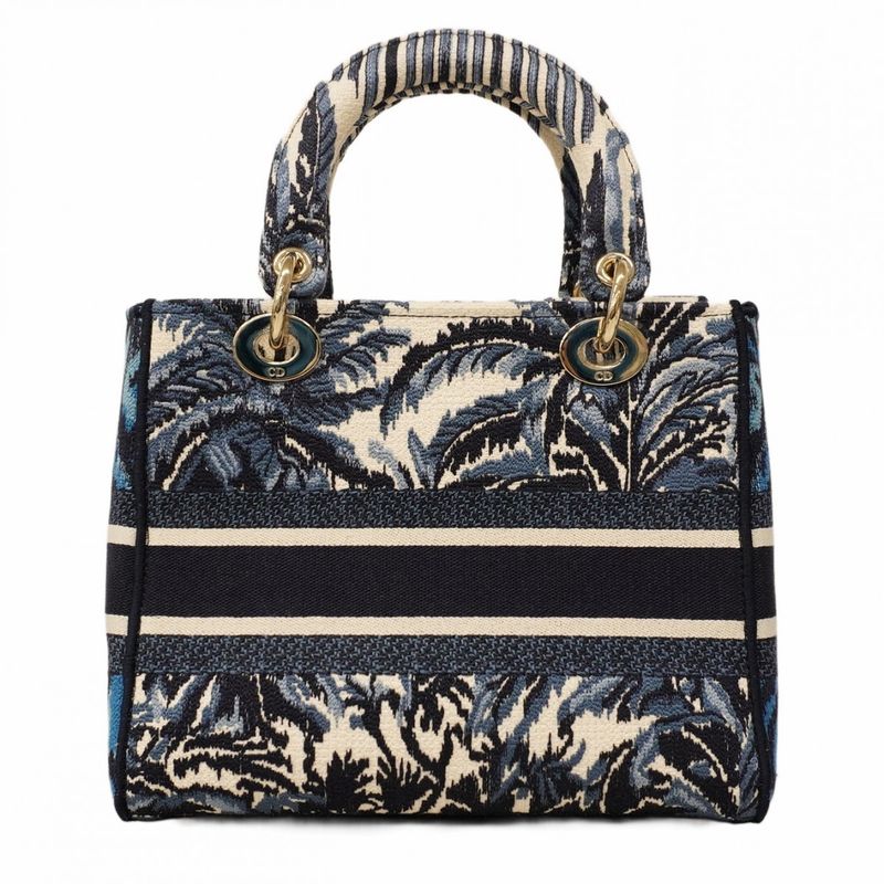 Christian Dior Handbag Lady D Light Canvas Blue White Chien Pan Gold Hardware