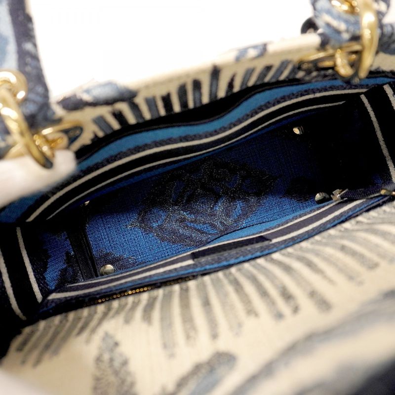 Christian Dior Handbag Lady D Light Canvas Blue White Chien Pan Gold Hardware